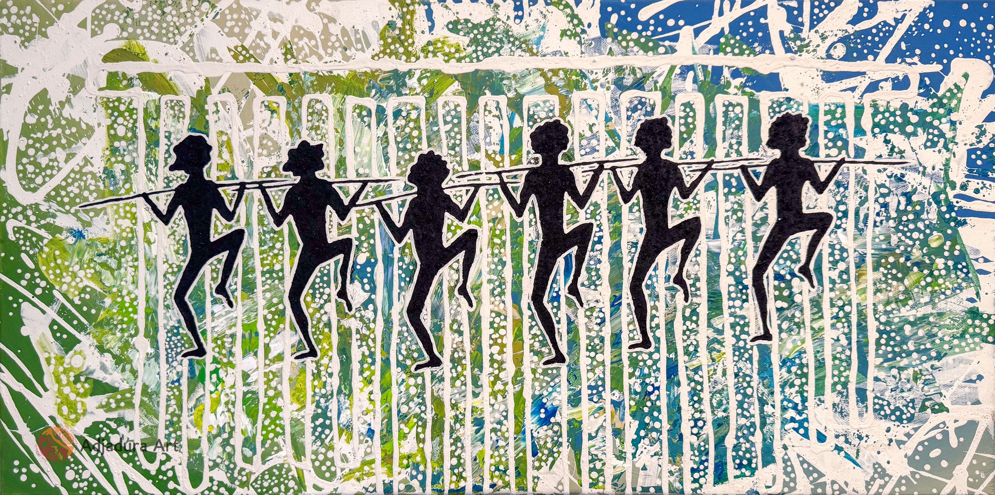 Salt Water Dance Painting – Aboriginal artwork featuring intricate patterns, fluid movement, and cultural storytelling inspired by saltwater Country.