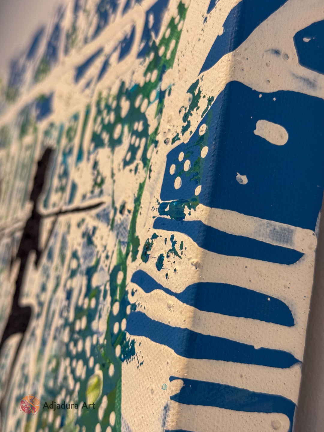 Close-up of Salt Water Dance Painting, showcasing intricate linework, organic shapes, and textured details representing saltwater Country.