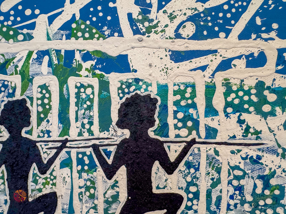Close-up of Salt Water Dance Painting, showcasing intricate linework, organic shapes, and textured details representing saltwater Country.