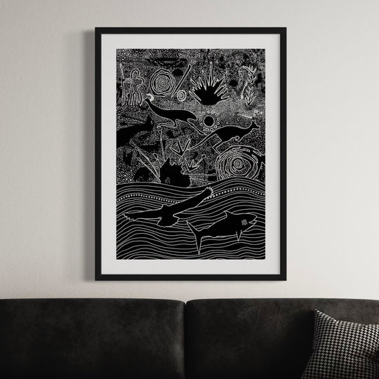 Close-up of Nharangga Totems AR Print, highlighting intricate Aboriginal linework, symbolic totem representations, and cultural storytelling.
