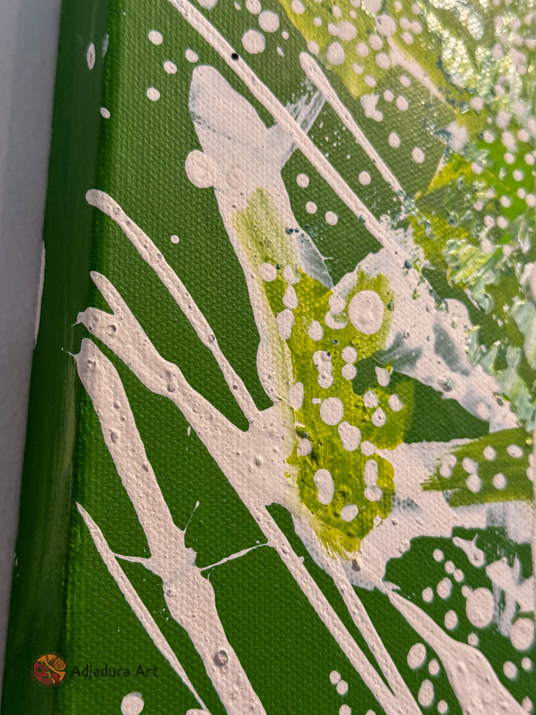Close-up of Salt Water Dance Painting, showcasing intricate linework, organic shapes, and textured details representing saltwater Country.