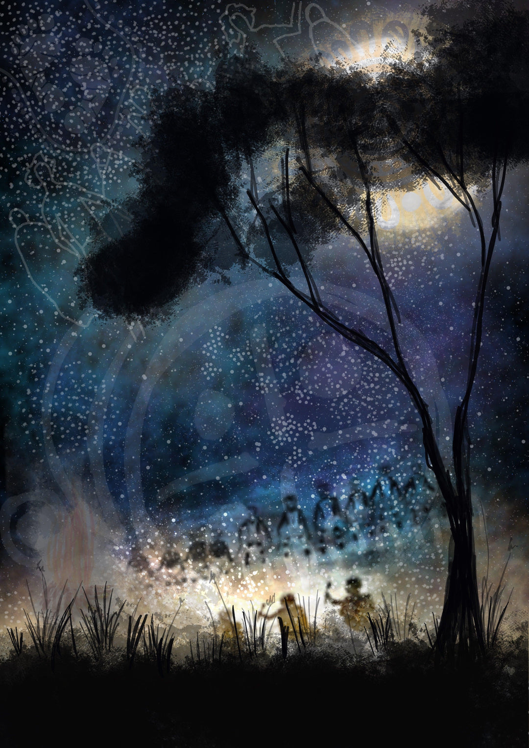 Nharangga Dance AR Fine Art Print – Aboriginal artwork showcasing Nharangga people dancing and singing around a fire under the full moon, enhanced with AR storytelling.