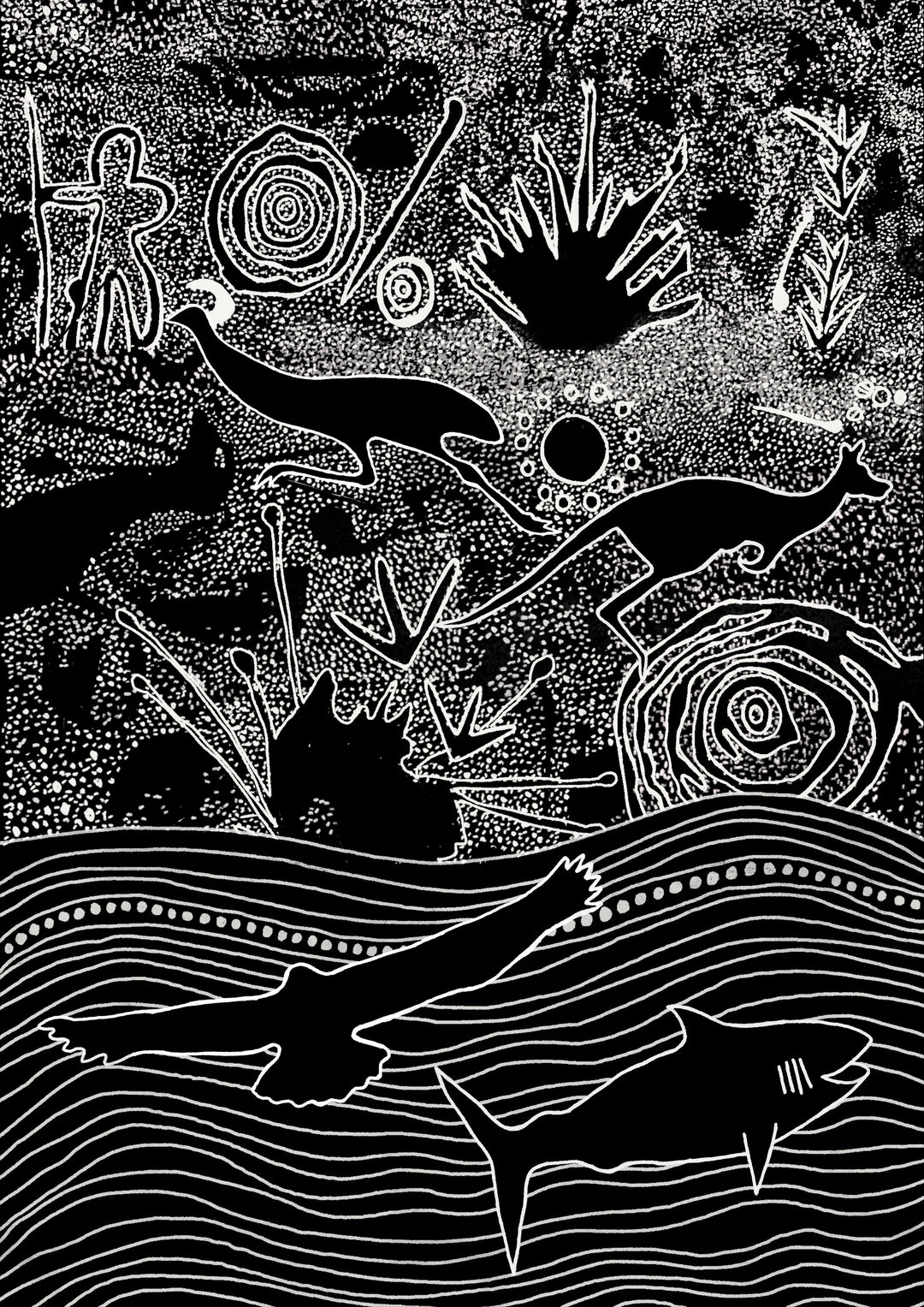 Nharangga Totems Augmented Reality Print – Aboriginal fine art print depicting the four Nharangga clan totems with intricate patterns and AR storytelling elements.