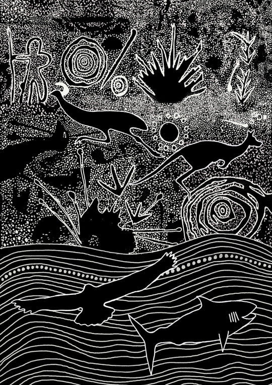 Nharangga Totems Augmented Reality Print – Aboriginal fine art print depicting the four Nharangga clan totems with intricate patterns and AR storytelling elements.