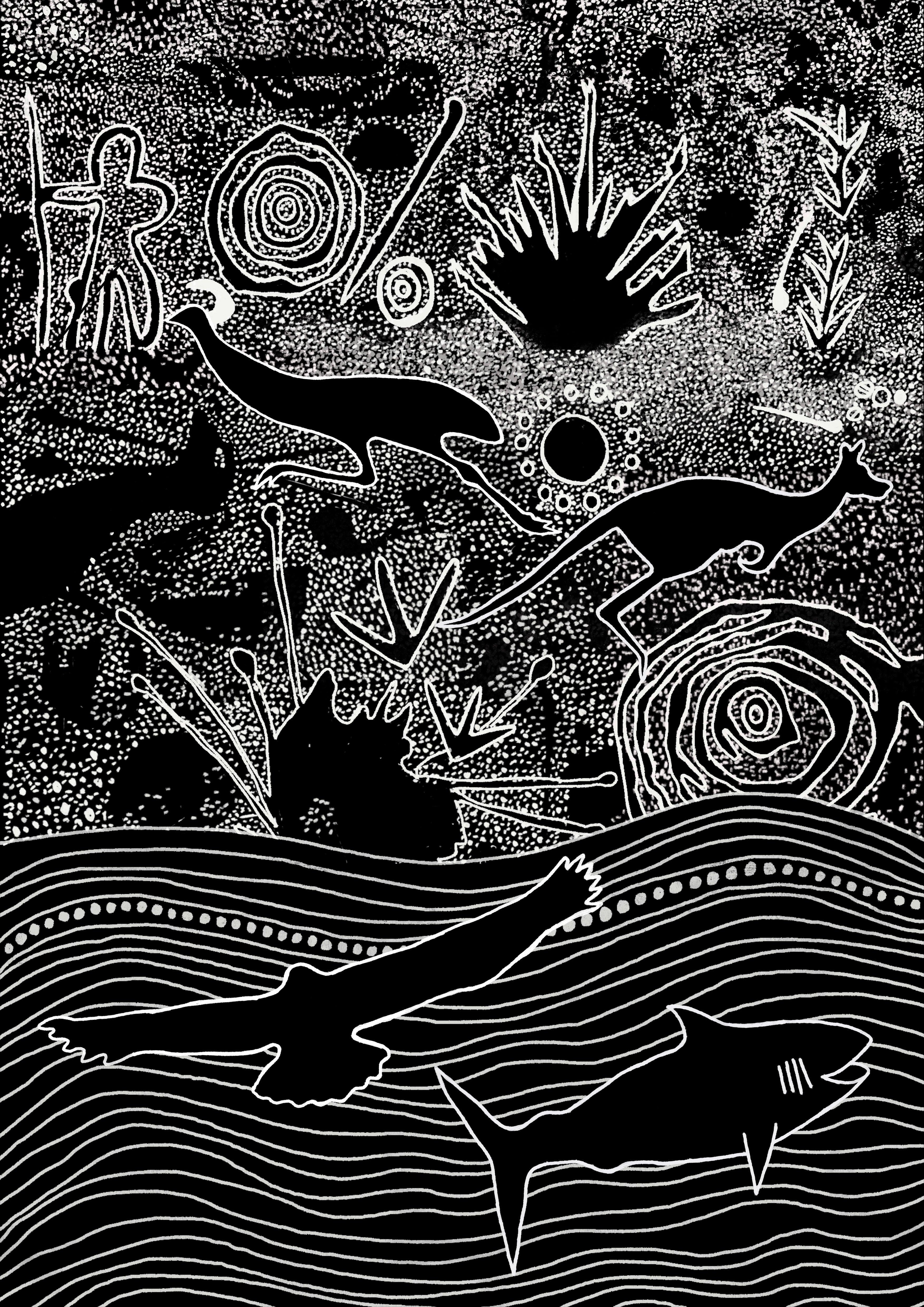 Nharangga Totems Augmented Reality Print – Aboriginal fine art print depicting the four Nharangga clan totems with intricate patterns and AR storytelling elements.